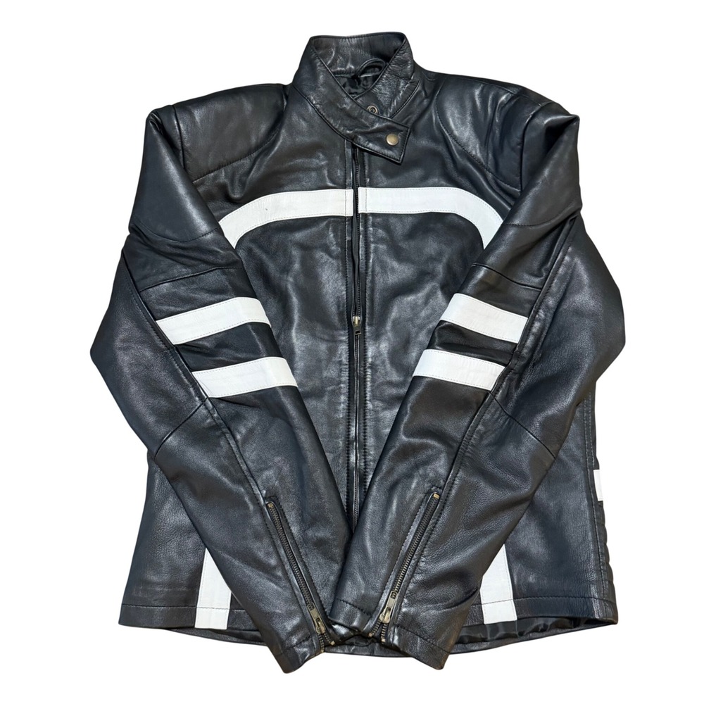 Genuine Leather Cafe Racer Jacket Women Large Black White Racing Stripes
